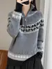 Peça Única de Lã Pura Macia e Quente Jacquard Fair Isle Retrô Exquisito Meio Zíper Outono Inverno Suéter Feminino