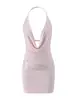 Vestido de cuello halter con escote en V pronunciado y cuello de volantes para mujer, minivestido ajustado con cuerpo decorado con lentejuelas, minivestido sexy de color liso con cintura hueca que revela la piel
