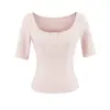 Camiseta blanca de manga corta con cuello en U para mujer, ajuste slim de verano, abotonada, estilo chica picante, manga media, capa base, top corto, moderno
