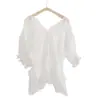 [Personalizada] Elegante Blusa de Gasa de Color Sólido con Cuello en V y Mangas Tres Cuartos para Mujer, con Diseño Fruncido