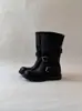 Botas de couro estilo vintage desgastado para motociclista femininas, bico redondo, salto grosso, com fivela de cinto, botas de moto over-the-knee, botas longas empilhadas