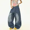 Jeans de Pierna Ancha Sueltos con Estampado Completo de Lunares Bordados al Agua de Diseño Retro Americano Unisex Versátiles Pantalones Largos