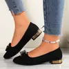 Sapatilhas de Salto Grosso para Mulheres 2025 Primavera e Outono Novo Estilo Coreano Bico Fino Boca Rasa Laço Strass Confortáveis Sapatos Feijão Atacado