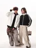 Sudadera cárdigan de punto gofre estilo americano de marca moderna con cuello alto para hombre, chaqueta deportiva casual de otoño, abrigo a rayas estilo coreano para pareja