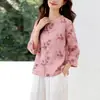 Camisa de Ramio Color Rojo Cinabrio para Mujer, Manga Tres Cuartos, Verano 2026 Vintage Cuello Redondo, Estilo Chino Nuevo Estilo Chino Top