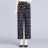 Pantalones de Verano Finos de Seda de Hielo Anti-Mosquitos para Mujeres de Mediana Edad y Mayores, Hogar Casual, Suministro Transfronterizo, Rectos de Cintura Alta, Estilo Mamá, Estampado de Flores