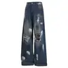 Nuevos jeans de otoño de talla grande con rotos y estampado de grafiti, tiro alto, corte holgado, efecto adelgazante, diseño de pierna curva