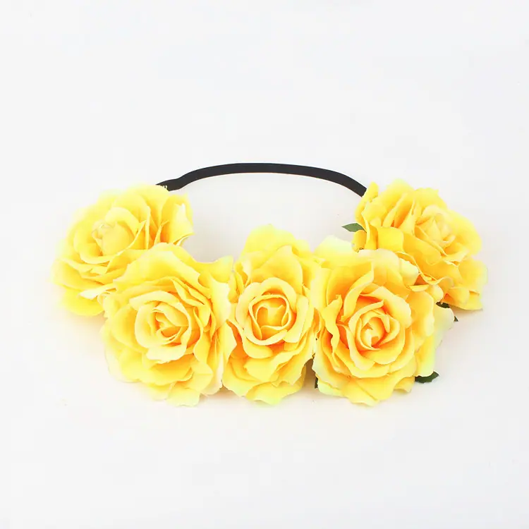 11cm5朵包芯玫瑰花黑色发带 黄色