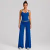 Conjunto de yoga transfronteiriço para mulheres, top esportivo sem mangas com gola halter color block, aparência de duas peças, cós dobrável, conjunto de calças compridas para corrida e fitness