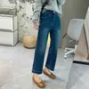 ¡Efecto reductor! Jeans rectos de cuatro vías elásticas en color negro y gris, de cintura alta, cropped y adecuados para mujeres petite, perfectos para otoño