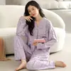 Pijama de Primavera y Otoño para Mujer Nuevo Cardigan de Cuello en V Pantalones de Manga Larga Dulce Traje Casual Ropa para el Hogar