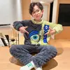 Otoño e Invierno Franela Solapa Forro Polar Botones Ropa de Casa para Niños Traje de Dibujos Animados Pijama de Niños Terciopelo de Coral Engrosado