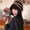 Chapéu de Lã Listrado Retrô Japonês para Mulheres, Inverno, Circunferência da Cabeça Grande, Chapéu Quente com Proteção para as Orelhas, À Prova de Frio, Chapéu de Tricô que Afina o Rosto