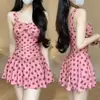 Maiô Polka Dot Retrô Rosa para Mulheres, Peça Única, Conservador, Esconde Barriga, Emagrecedor, Sexy, Desejo Puro, Roupa de Banho Super de Conto de Fadas para Fontes Termais