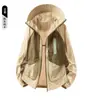 260611001Chaqueta de Piel para Mujer para Uso al Aire Libre en Verano con Bloques de Color, Costuras Selladas, Bolsillos y Capucha con Protección Solar