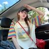 Playera Holgada de Algodón Puro a Rayas Dopamina de Verano para Mujer, Versión Coreana con Graffiti Divertido, Top Moderno de Manga Empalmada de Largo Medio