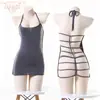 Lencería Sexy, Camisón Ajustado Strapless de Seda de Hielo, Atrevido Conjunto Revelador de Espalda Descubierta Rayado, Conjunto Sin Quitar