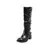 Botas Novas Outono e Inverno 2025 Couro Genuíno Bico Redondo Fivela de Cinto Salto Médio Grosso Salto Grosso Solado Grosso Botas Altas Botas Populares de Cano Alto