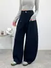 Pantalones deportivos de pierna ancha de algodón puro azul marino para mujer, nuevo estilo primavera 2026, de cintura alta, holgados, casuales, de largo hasta el suelo, pantalones de pierna curva