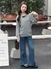 Meninas 2026 Estilo Coreano Estilo Acadêmico Cinza Gola Polo Tricô Conjunto de Duas Peças Moletom Crianças Médias e Grandes Jeans Flare
