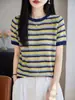 Top de punto hueco a rayas de color bloque casual para mujer, manga corta, cuello redondo, ajuste holgado, adelgazante, ligero, camiseta de lyocell