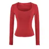 Camiseta básica de manga larga con cuello cuadrado, estilo de chica hot puramente seductor para mujer, agradable para la piel, fina, versátil, ajustada, que realza la figura, camiseta base ajustada