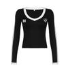 Playera Americana Sexy de Manga Larga 2025 Otoño Nueva Slim Cuello en V Empalme Digital a Rayas Básica Pulóver Top