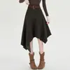Foto real de saia midi jeans irregular para mulheres, design vintage de outono, saia de cintura alta em A de nicho preta