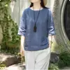 Nuevo estilo de verano artístico cuello redondo manga tres cuartos casual holgado algodón lino color sólido top talla extra camiseta para mujer