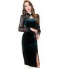 Moda Outono 2026 para Mulheres, Elegante e Estiloso Vestido de Veludo Slim-Fit com Patchwork de Renda e Fenda 4670