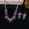 Set de Joyería Transfronterizo Estilo Europeo y Americano con Circonita Microincrustada, Diseño Floral Morado Claro con Fila de Diamantes, Adecuado para Uso Diario con Cadena para Clavícula