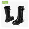 Botas de Couro Snafy para Meninas Botas Longas Infantis 2025 Outono e Inverno Novo Pelúcia Estilo Britânico Botas Martin de Princesinha