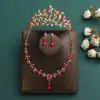 Traje nupcial festivo rojo de tres piezas, collar, pendientes, corona, tocado, accesorios de boda, corona de cumpleaños, accesorios para el cabello para mujer