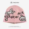 Gorro de Tricô Jacquard Pixel Pony Outono Inverno Marca Tendência Cartoon Letra Pulôver Chapéu de Lã Estilo Coreano Chapéu Jacquard Dupla Face