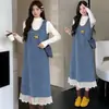 Roupas de maternidade para outono e inverno: novo suéter + vestido colete de retalhos de renda de lã com laços conjunto maternidade com bolsa