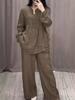 Traje de Pantalón Ancho Casual Plisado de Algodón y Lino de Manga Larga y Medio Cárdigan, Nueva Moda Otoñal para Estación Independiente Europea y Americana 2024