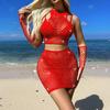 Traje de baño sexy transfronterizo de red hueca pequeña con perforaciones calientes, falda para cadera, traje sexy de manga larga, ropa de red con pedrería, manga larga, tz629