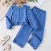 Conjunto Casual Chic de Duas Peças para Meninas Outono 2026 com Laço e Top Recortado e Calça Wide Leg