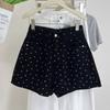 Shorts de Mezclilla Florales con Lunares Negros para Mujer Verano Estilo Ins Sexy Diseño de Cintura Alta Pierna Recta Ancha Línea A Pantalones Cortos