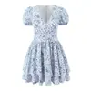 Moda Europea y Americana Transfronteriza Aliexpress Venta Caliente Vestido de Vacaciones Francés Floral de Cuello V Ajustado con Mangas Abullonadas