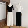 Pants Casuais Versáteis de Sarja e Algodão Finos de Perna Larga Retos para Verão Emagrecedores Calças de Perna Larga Brancas Pretas Tecidas