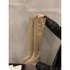 Botas altas de tacón color caqui hasta la rodilla, zapatos de mujer, nueva colección otoño/invierno 2024, punta fina, ajustadas, de caña larga, estilo ecuestre
