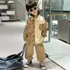 Moda Chico Guapo Bloque de Color Rayas Manga Larga Ropa Infantil Niños Dibujos Animados Cuello Solapa Pantalón Casual Camisa Conjunto de Dos Piezas