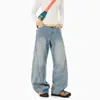 Calça Wide-Leg Lavada com Degradê Azul e Amarelo Retrô para Homens e Mulheres, Costura Patchwork 3D, Caimento Solto, Calça Longa