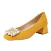 Camurça de couro genuíno confortável primavera sapatos de camada única mulher francês boca rasa salto grosso dedo quadrado fivela strass versátil commuter sapatos de casamento sapatos de casamento