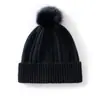 Gorro de cachemira cálido para mujer, de punto trenzado liso y color sólido, con un diseño elegante y versátil, perfecto para ir al trabajo, con pompón y un nuevo estilo otoño/invierno