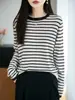 Suéter de punto fino de lana a rayas para mujer de principios de otoño, bloques de color con rayas horizontales, ligero y transpirable, ajuste ceñido de manga larga, capa base