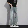 Jeans de Mezclilla Lavada Color Gris Ahumado Vintage para Hombre, Pantalones con Cinturón para Primavera y Otoño, Pantalones Rectos Ligeramente Acampanados de la Alta Calle Americana
