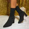 Botas-meia femininas de tamanho grande em malha elástica com bico fino e salto grosso, botas de salto alto de comprimento médio para afinar, outono e inverno