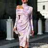 Transfronterizo Nuevo Estampado Digital Casual Personalidad Moda Temperamento Vestido de Manga Larga Hombros Descubiertos Falda Primavera y Otoño Mujer